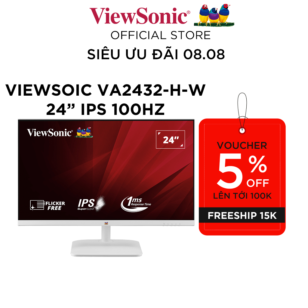 Màn hình Viewsonic VA2432-H-W 23.8" FHD IPS 100Hz sRGB: 104% - Trắng