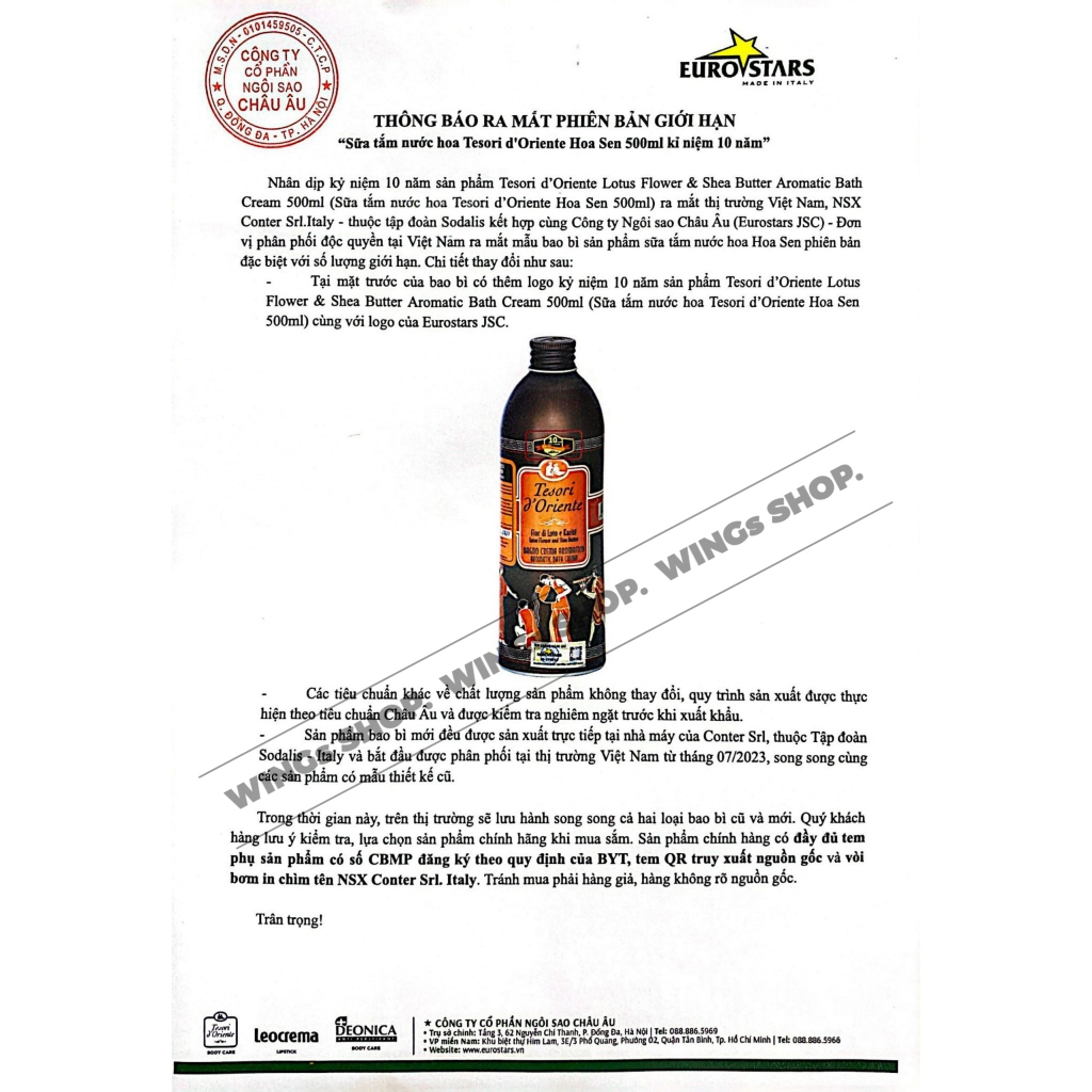 Sữa Tắm Xích Tesori Trắng Da, Hương Nước Hoa 250ML-500ML | Tesori D’Oriente Cao cấp Italia