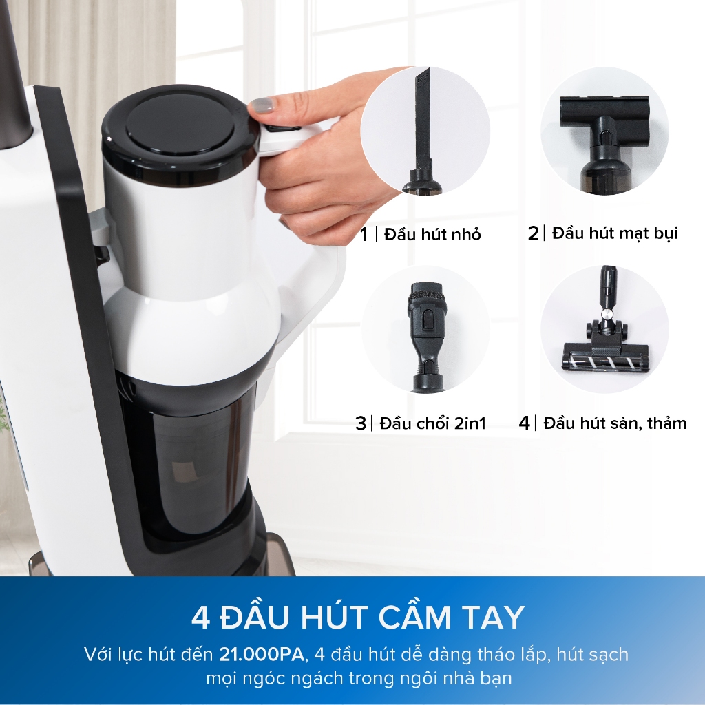 Máy hút bụi lau nhà cầm tay không dây Maxcare Maxbot V6, Công nghệ giặt giẻ tự động, 5 đầu thay, lực 21000PA sạch x6 lần