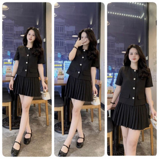 Set áo cổ tròn 2 lớp và chân váy dập li