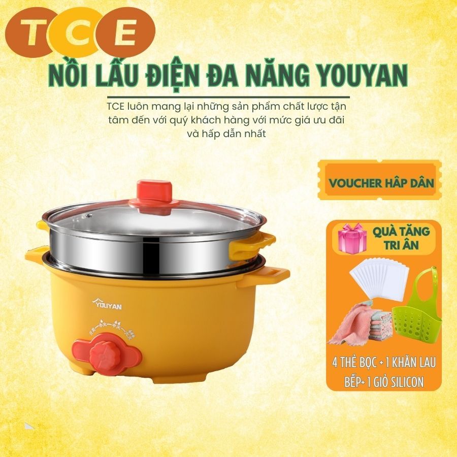 Nồi lẩu điện đa năng YouYan Dung kích thước 28cm công suất 1000w 3 nấc nhiệt chống dính vệ sinh dễ dàng tặng xửng hấp