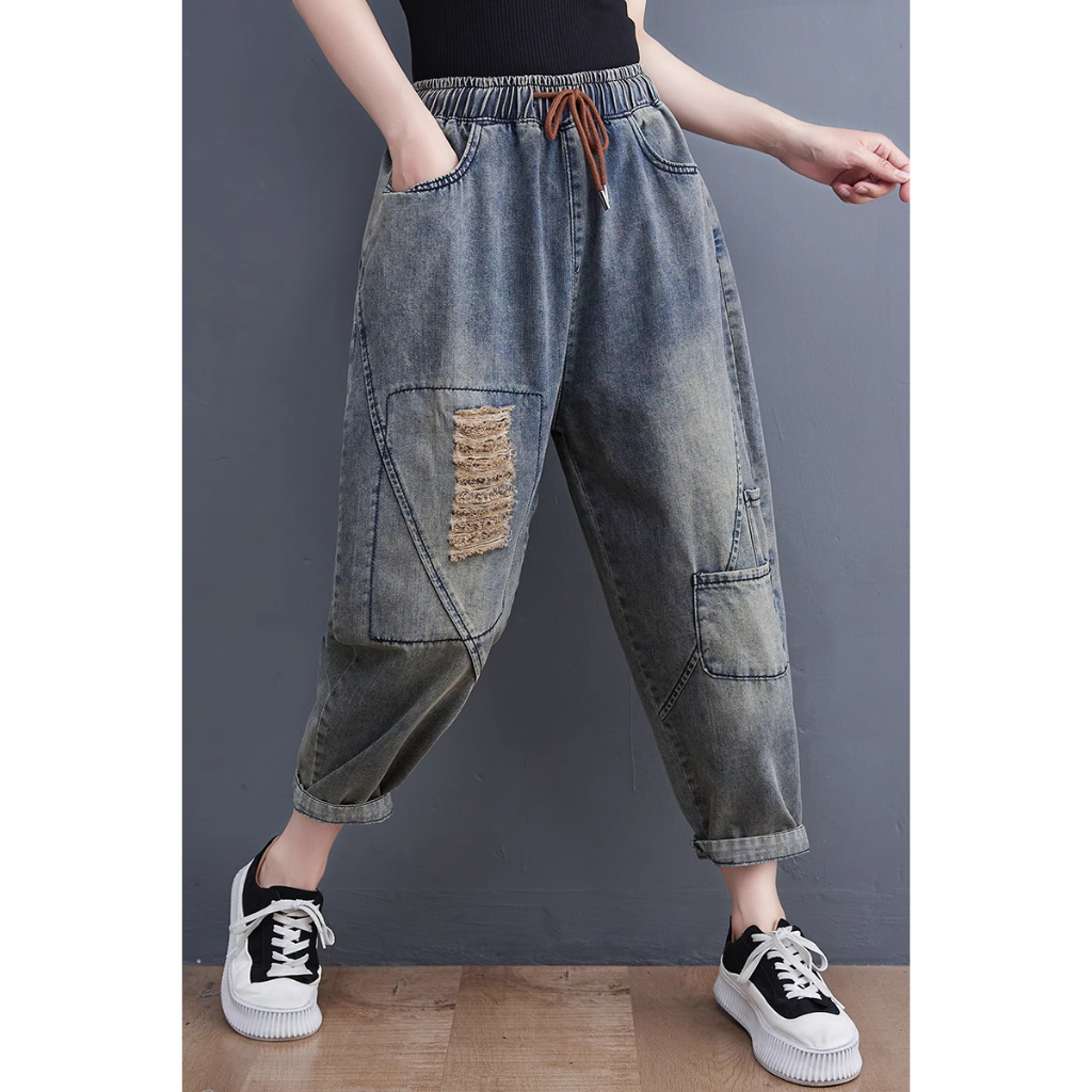 B259 Quần jean bigsize cạp chun gập gấu thời trang
