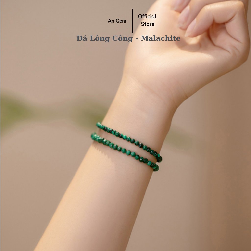 Lắc tay lông công malachite xanh đậm, vòng tay khóa cài hạt 3mm
