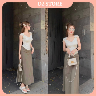 Set váy nữ áo thun khuy cài kim băng sát nách mix chân váy dáng dài khóa kéo lưng chun freesize