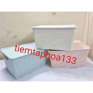 Thùng nhựa đan giả mây có nắp, thùng đa năng size trung