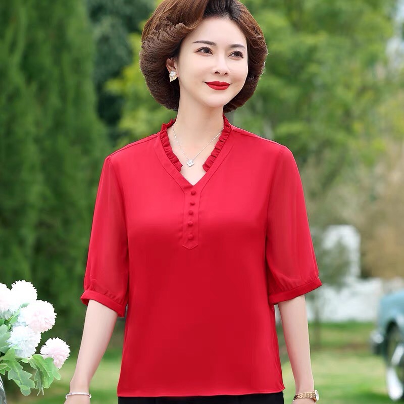 Áo sơ mi cổ chữ V viền bèo tay lửng trung niên  N1023