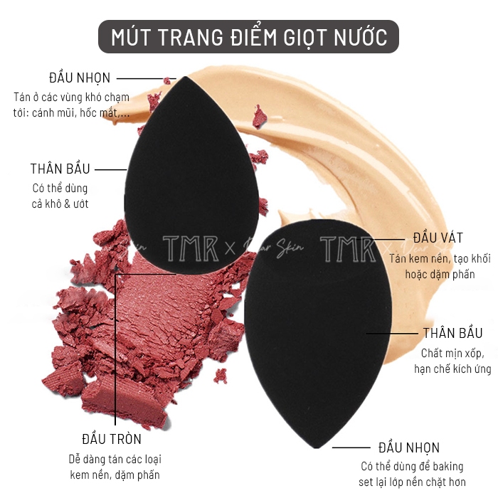 [Set 3] Bông Mút Trang Điểm TMR  Mịn và Dễ Tán Khô và Uớt với 3 Hình Tiện Dụng Premium Makeup