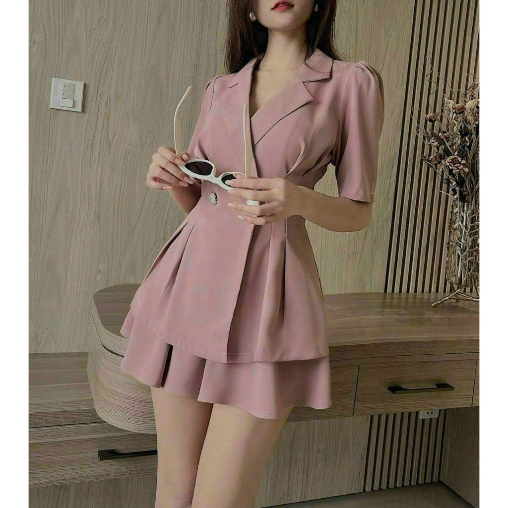 Set bộ vest thời trang công sở, set áo vest tay ngắn chiết eo phối nút mix chân váy ngắn xòe thanh lịch, nhã nhặn
