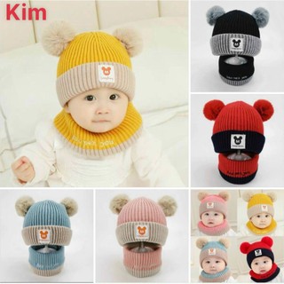 Mũ len 2 quả bông kèm khăn quàng cổ cực ấm cho bé