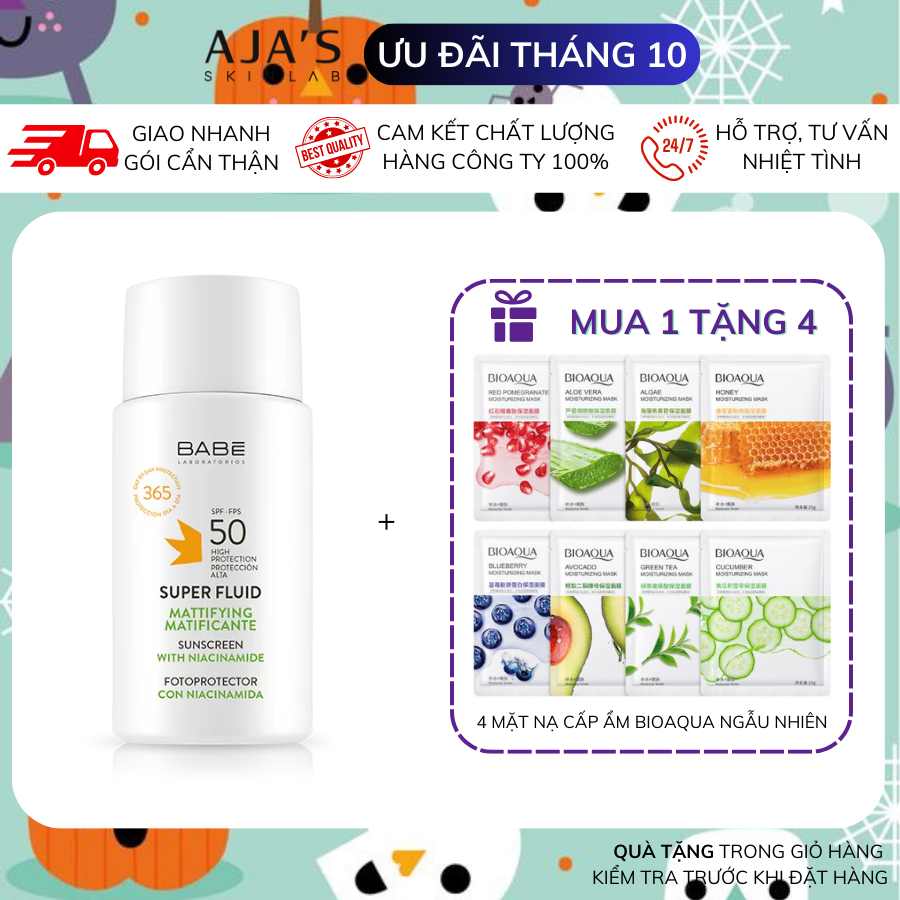 Kem chống nắng BABE Super Fluid Mattifying sunscreen SPF 50 phổ rộng, kiểm soát dầu 50ml - Ajaskinlab