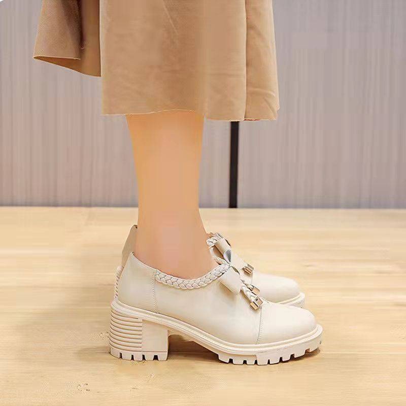 Giày Búp Bê Nữ G41 Đính Nơ Giày Da Nữ Cao Gót 5 Phân Phong Cách Nhật Bản