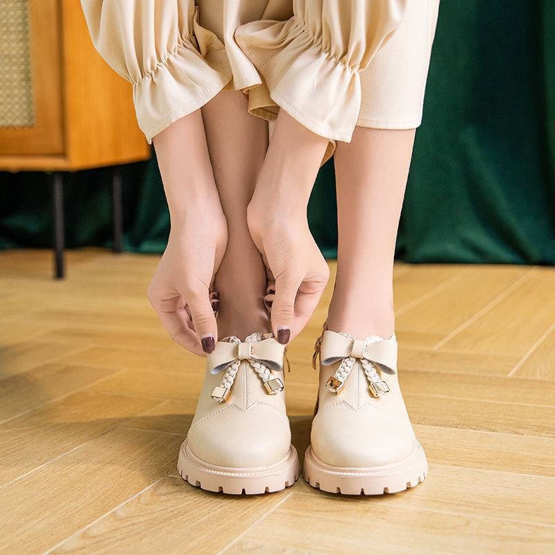 Giày Búp Bê Nữ G41 Đính Nơ Giày Da Nữ Cao Gót 5 Phân Phong Cách Nhật Bản