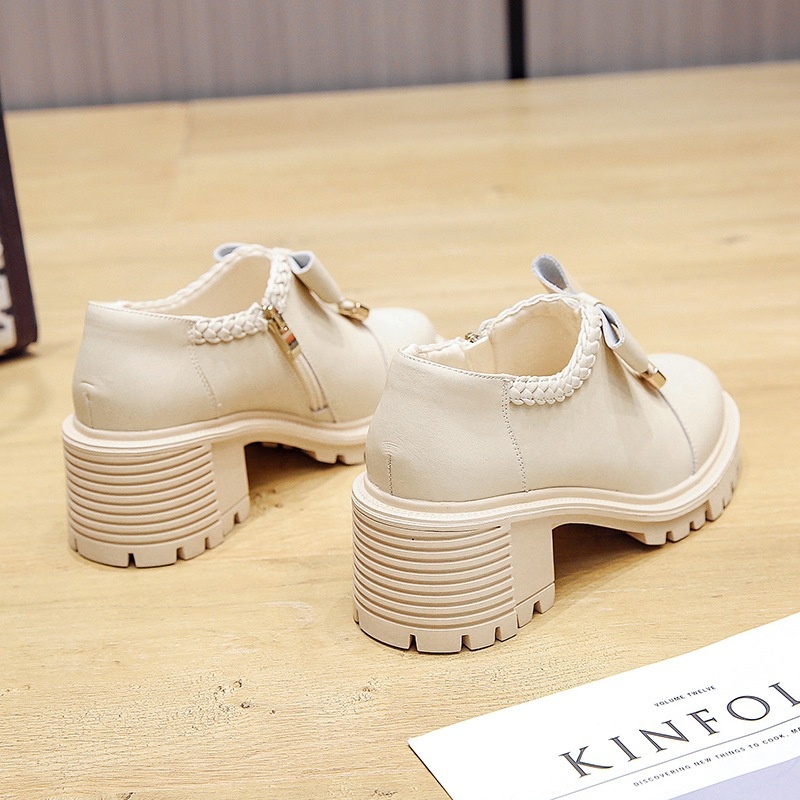 Giày Búp Bê Nữ G41 Đính Nơ Giày Da Nữ Cao Gót 5 Phân Phong Cách Nhật Bản