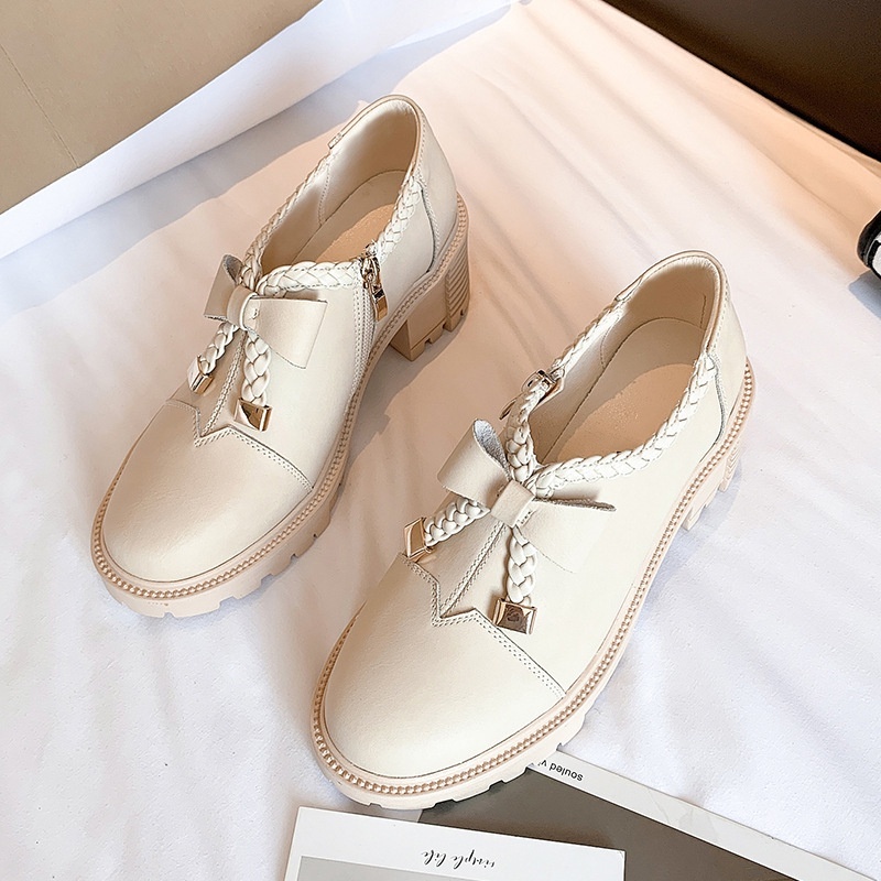 Giày Búp Bê Nữ G41 Đính Nơ Giày Da Nữ Cao Gót 5 Phân Phong Cách Nhật Bản