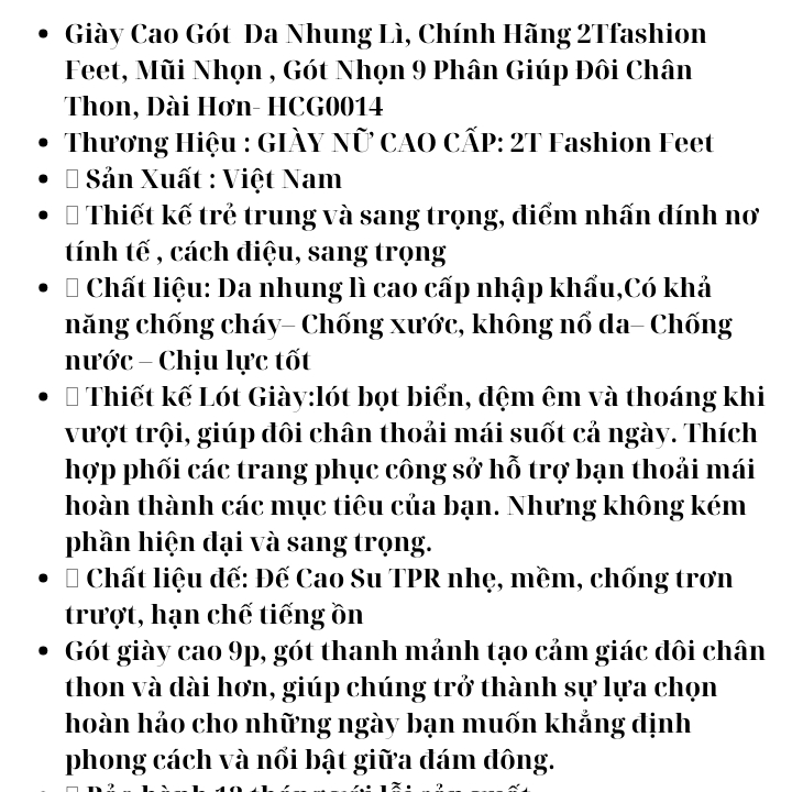 Giày Cao Gót  Da Nhung Lì, Chính Hãng 2Tfashion Feet, Mũi Nhọn , Gót Nhọn 9 Phân Giúp Đôi Chân Thon, Dài Hơn- HCG0014