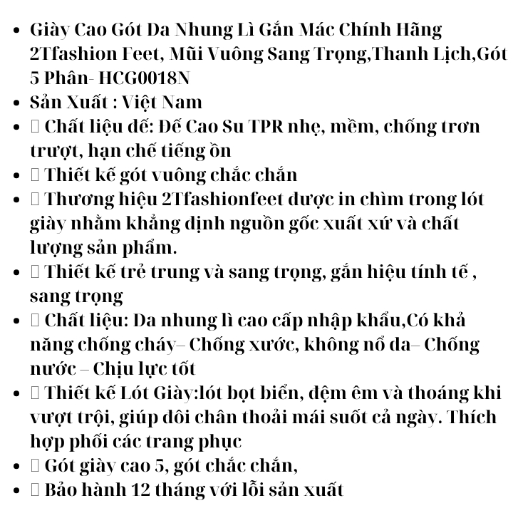 Giày Cao Gót Da Nhung Lì Gắn Mác Chính Hãng 2Tfashion Feet, Mũi Vuông Sang Trọng,Thanh Lịch,Gót 5 Phân- HCG0018N