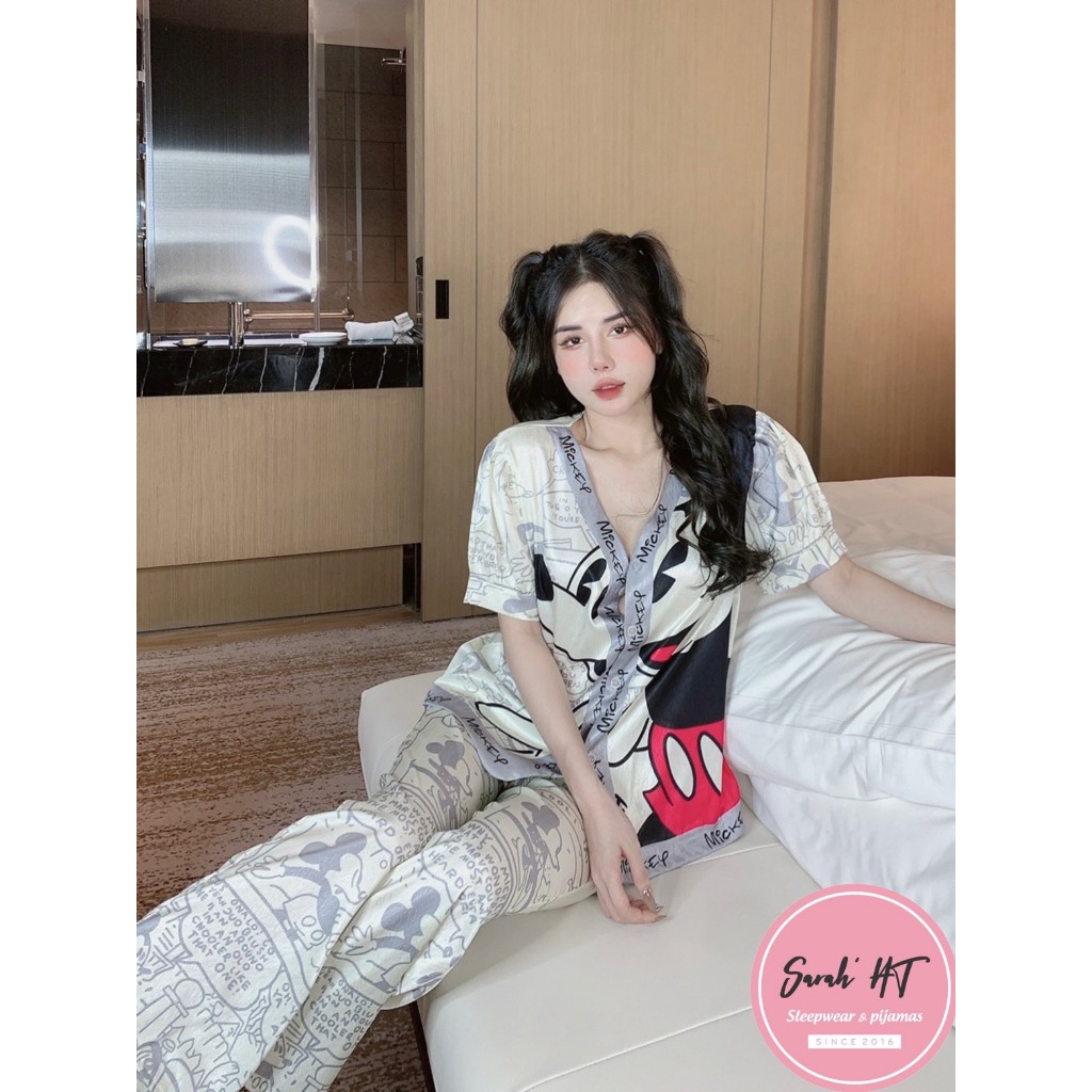 ĐỒ BỘ PYJAMA NỮ LỤA XƯỚC MICKEY xám cổ V tay bồng - đồ bộ mặc nhà