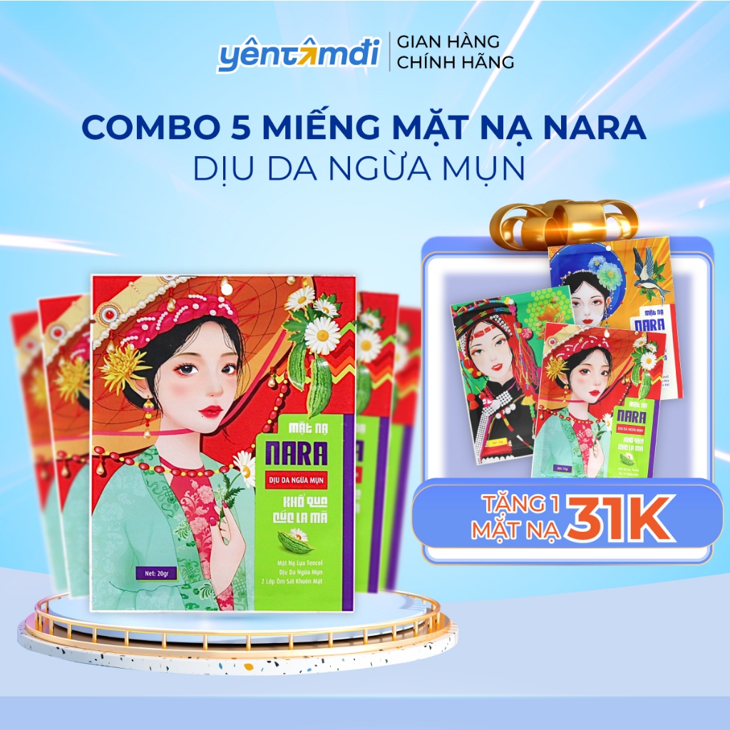 COMBO 5 Mặt Nạ Lụa Giảm Mụn Mờ Thâm Dịu Da NARA Khổ qa Cúc La Mã