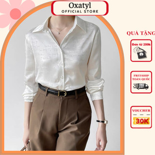 Áo sơ mi lụa nữ in chữ cao cấp Oxatyl M37 lụa dày đẹp kiểu áo nữ trẻ trung sang trọng
