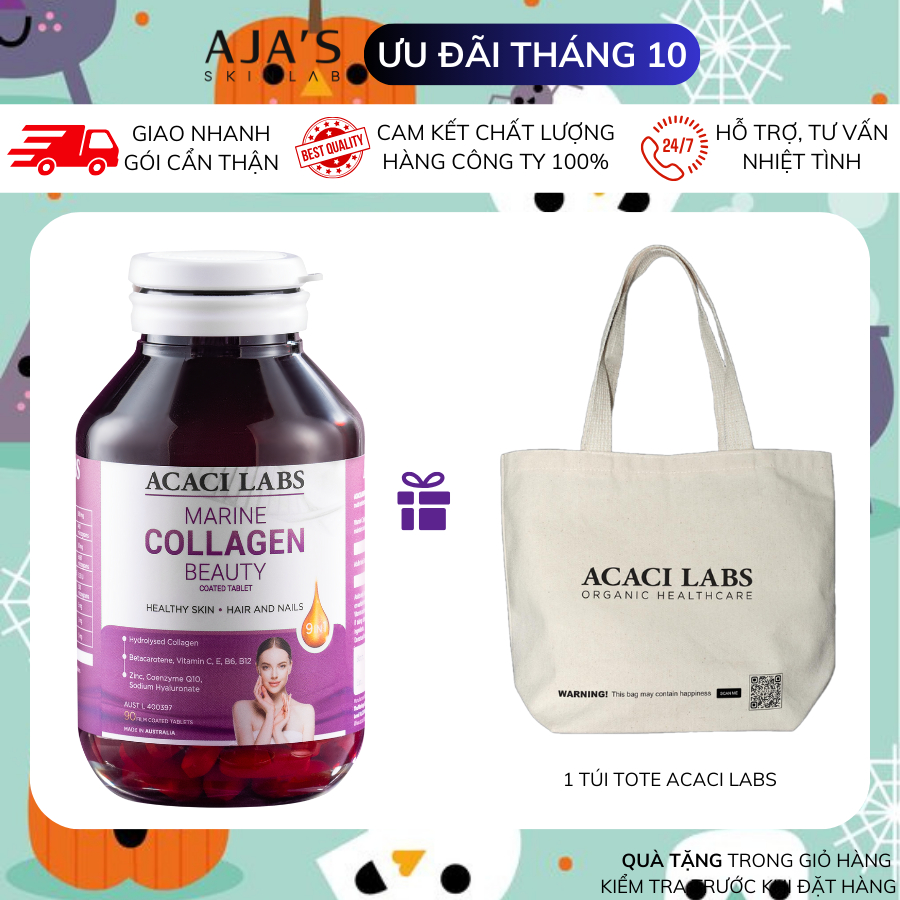 Viên uống hỗ trợ da & tóc khỏe Acaci Labs Marine Collagen Beauty Coated tablet 90 Viên - ajaskinlab