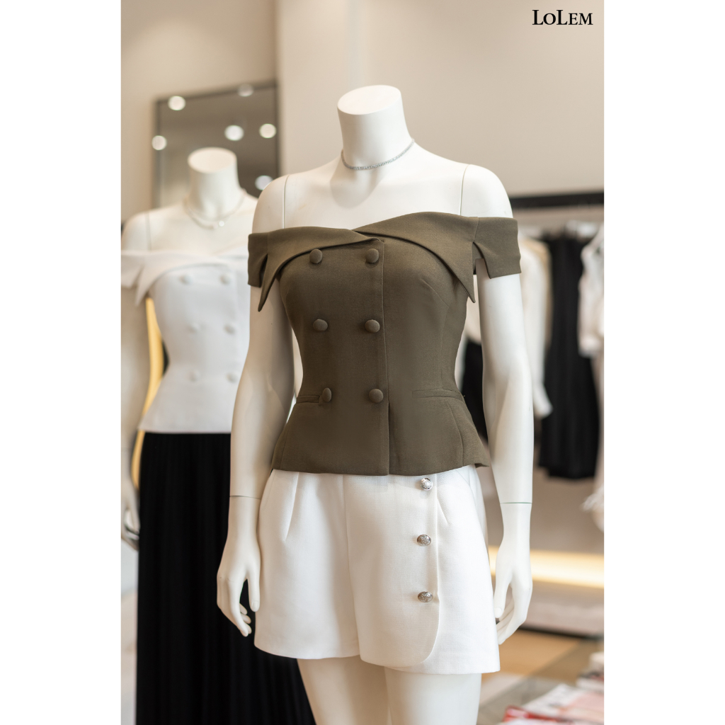 Áo peplum cổ vest LOLEM AK1379 tôn vòng eo vải chéo Ý sang trọng