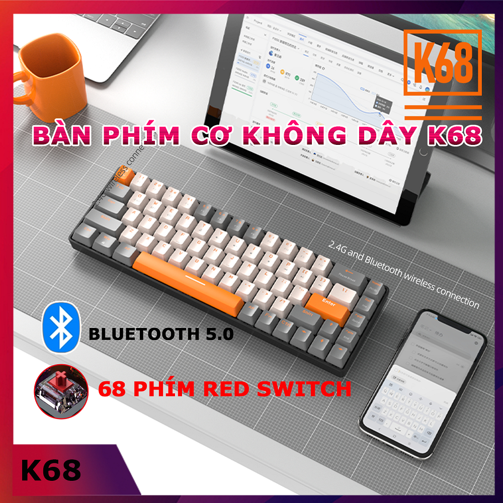 Bàn phím cơ không dây K68bt,Bluetooth 2.4 GHz 68 Phím Hotswap sử dụng Máy Tính/Điện Thoại/Tablet