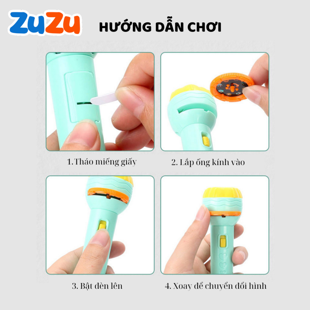 Đèn pin chiếu hình ZuZu full 80 hình động vật, giao thông, trái cây, đèn pin chiếu bóng nhiều chủ đề cho bé có hộp