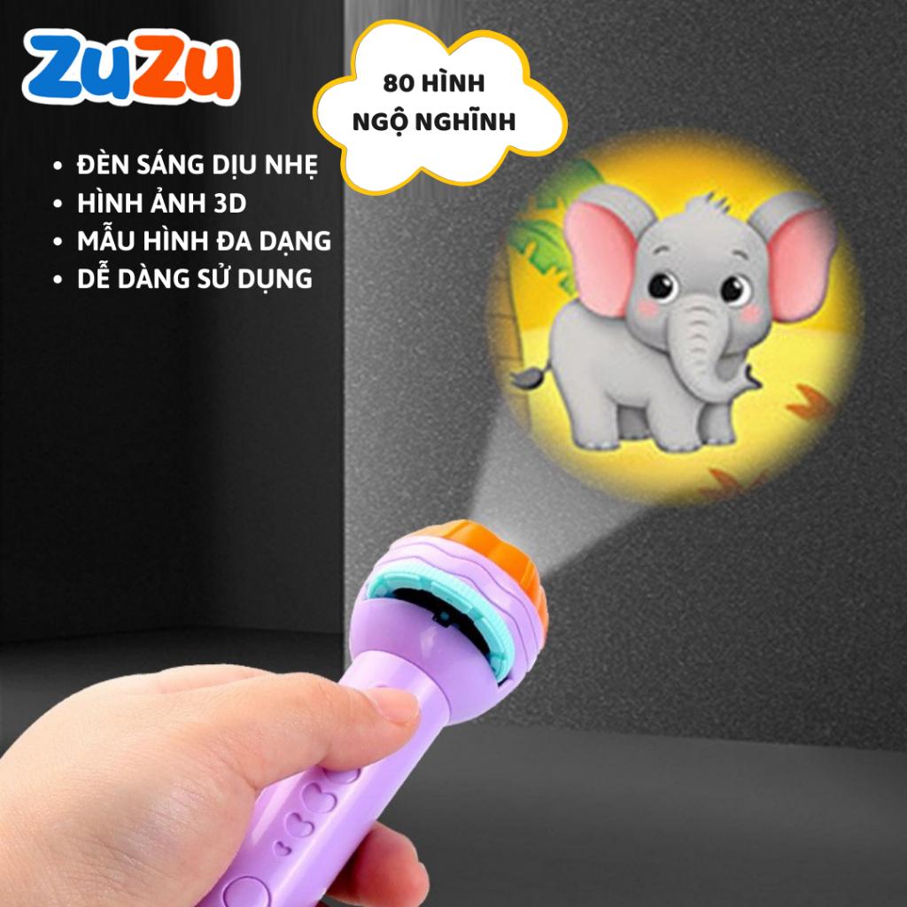 Đèn pin chiếu hình ZuZu full 80 hình động vật, giao thông, trái cây, đèn pin chiếu bóng nhiều chủ đề cho bé có hộp