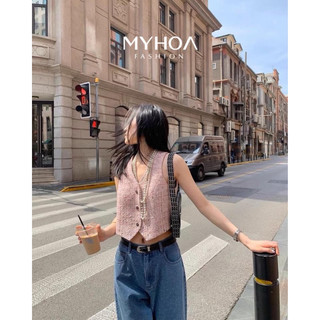Myhoa| áo dạ tweed gile nữ hồng nhạt vạt chéo qccc