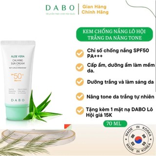 Kem chống nắng trắng da mặt và toàn thân lô hội Dabo Tune UP ALoe VeraBase Sun Cream Hàn quốc cao cấp 70ml/Hộp