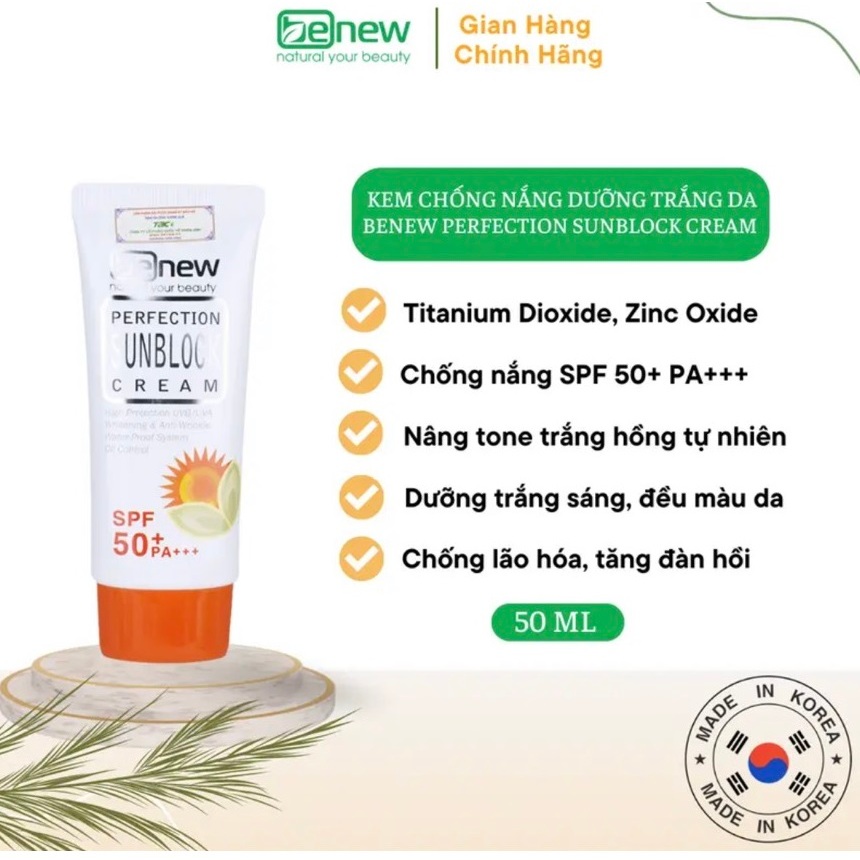 MỸ PHẨM CHÍNH HÃNG- Kem chống nắng đi biển lâu trôi, kiềm dầu Benew Whitening Sunblock Spf 50 pa+++ Hàn quốc 50ml/Hộp