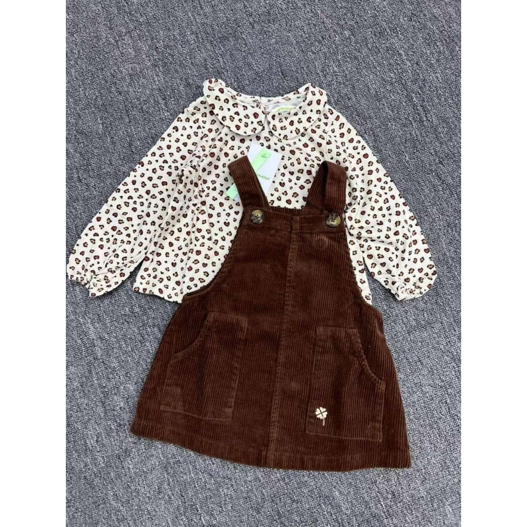 Set váy áo yếm nhung cho bé gái cực đáng yêu màu Nâu tây phù hợp cho mùa Thu Đông