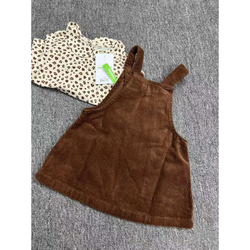 Set váy áo yếm nhung cho bé gái cực đáng yêu màu Nâu tây phù hợp cho mùa Thu Đông