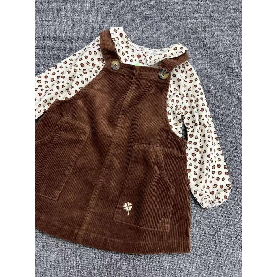 Set váy áo yếm nhung cho bé gái cực đáng yêu màu Nâu tây phù hợp cho mùa Thu Đông