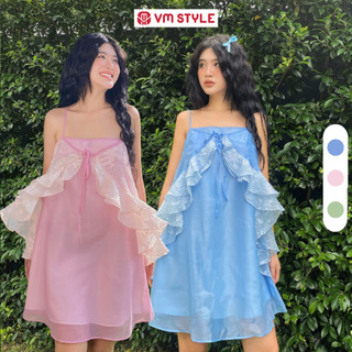 Đầm nữ VMSTYLE 2 dây bèo cột nơ ngực dáng xòe trơn nhiều màu tiểu thư TH13 - VDU00404