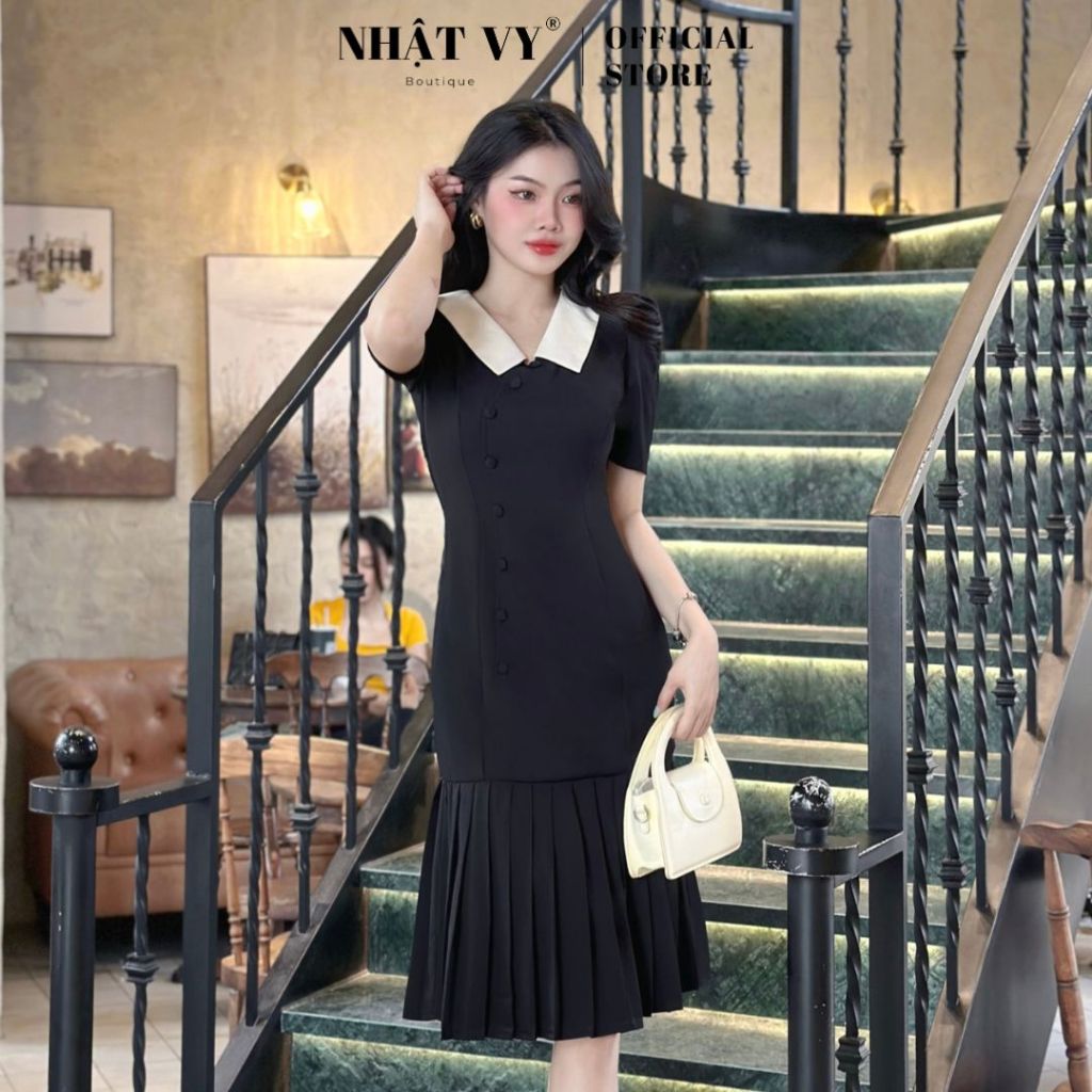 Đầm công sở Nhật Vy dáng ôm cổ V đính cúc tay ngắn chất lụa phù hợp đi chơi dạo phố thanh lịch - D2754