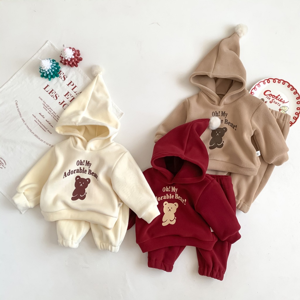 Set Bộ Quần Áo Mùa Thu Đông Cho Bé Trai Bé Gái Chất Liệu Nỉ Nhung Lông 2 Mặt Dày Dặn Hình Gấu Trẻ Em Dễ Thương