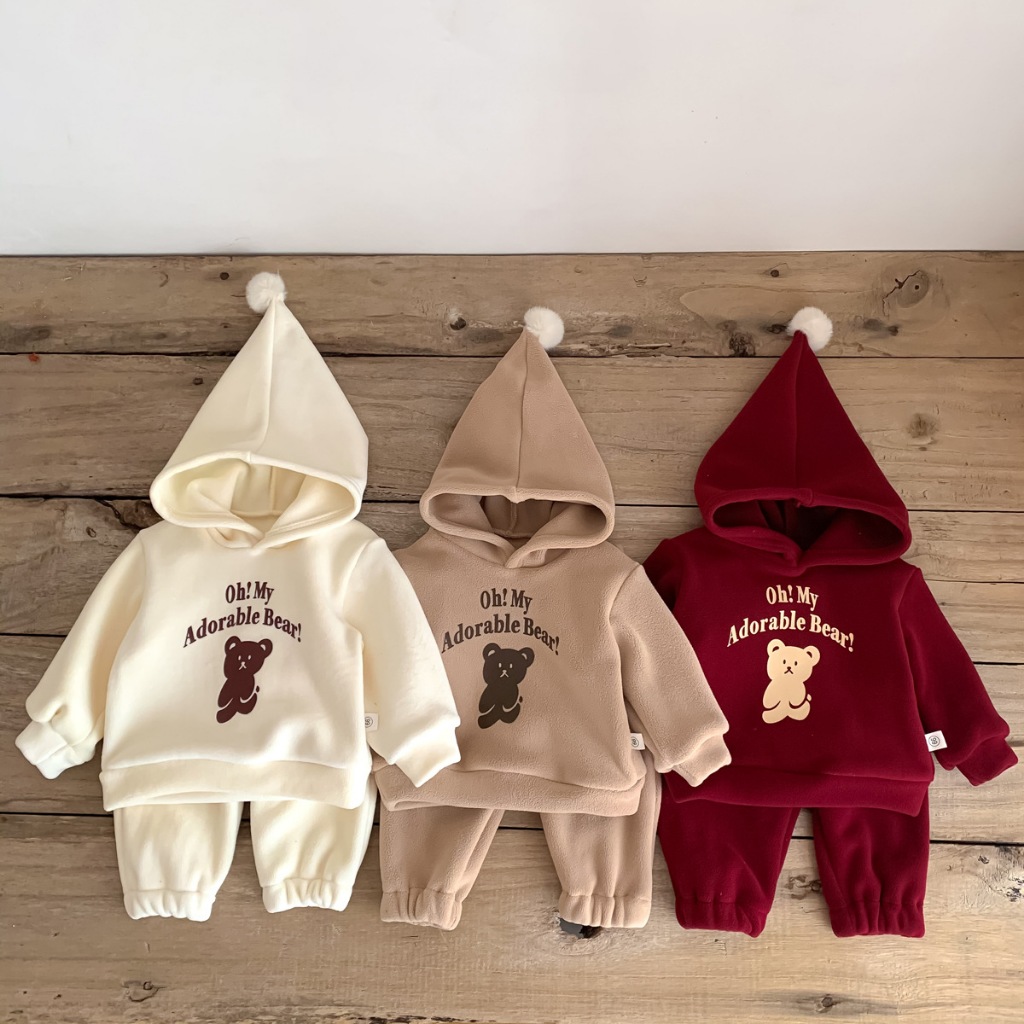 Set Bộ Quần Áo Mùa Thu Đông Cho Bé Trai Bé Gái Chất Liệu Nỉ Nhung Lông 2 Mặt Dày Dặn Hình Gấu Trẻ Em Dễ Thương