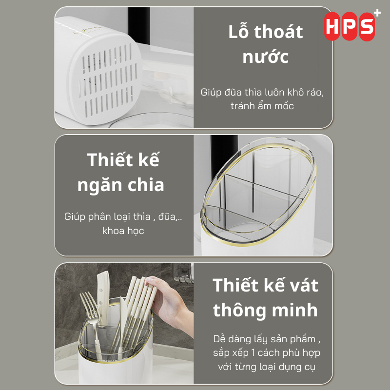 Ống đựng đũa thìa để bàn thông minh có khay hứng nước, hộp đựng cọ trang điểm chất liệu nhựa PP cứng cáp hiện đại