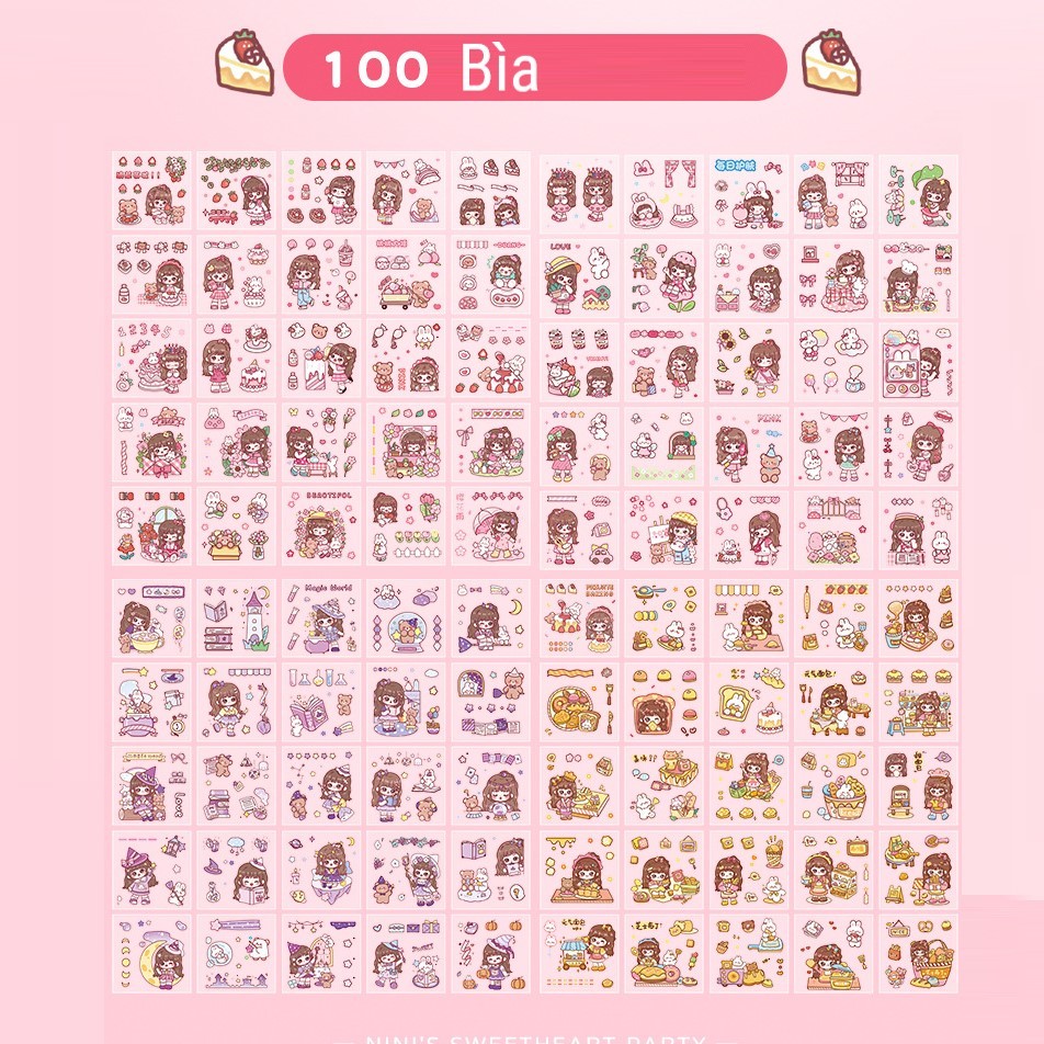 Hộp 100 Tấm Sticker Cute Trang Trí Dán Tập Vở, Bình Nước, Bút Nước...