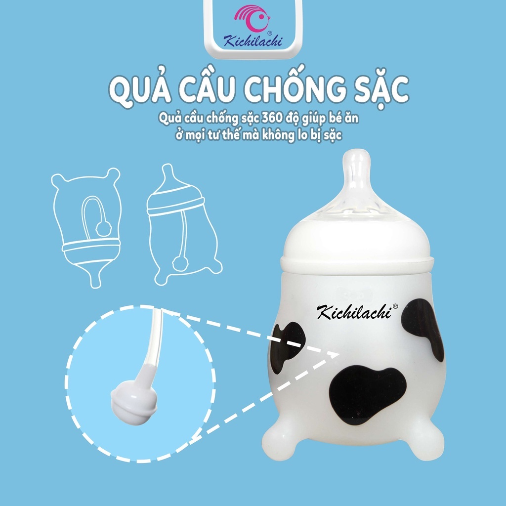 Bình sữa cho bé silicon Kichilachi bò sữa núm ti mềm dung tích 180ml/ 260ml - MINIBOO