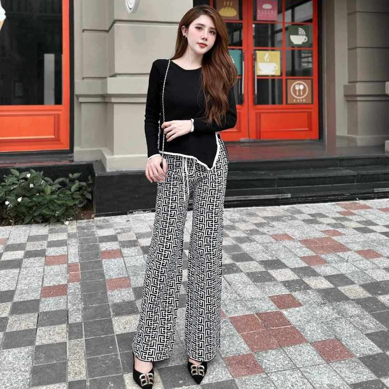 Đồ bộ nữ, set đồ bộ quần đai cao có túi và áo ôm dài tay xẻ lai cổ tròn vải thun cotton gân tăm lạnh dày xịn
