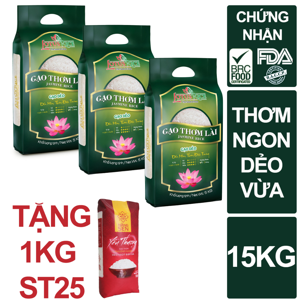 Combo 3 túi Gạo Thơm Lài thơm ngon dẻo vừa Lotus Rice 5kg - Gạo ngon sạch chuẩn xuất khẩu (tổng 15kg)