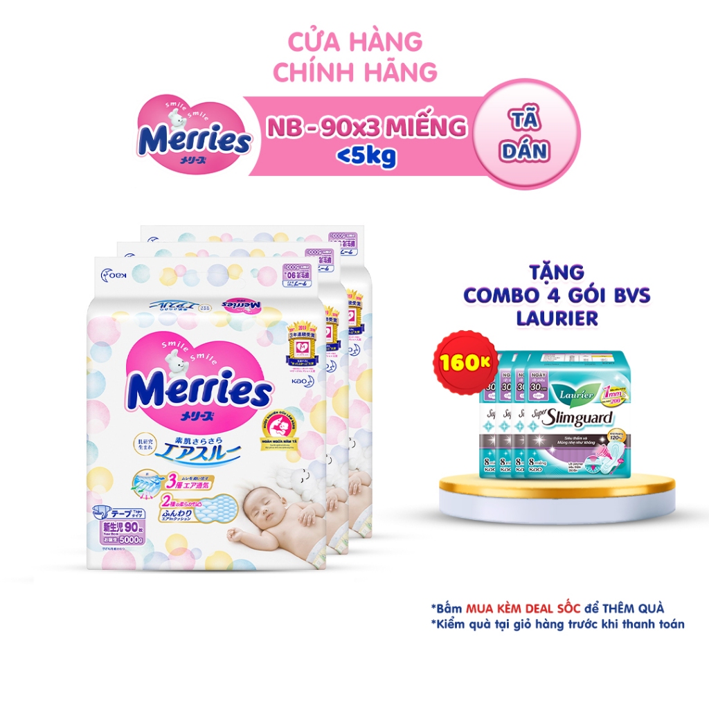 Combo 3 Tã dán Merries Đủ Size NB90/S82/M64/L54/XL44