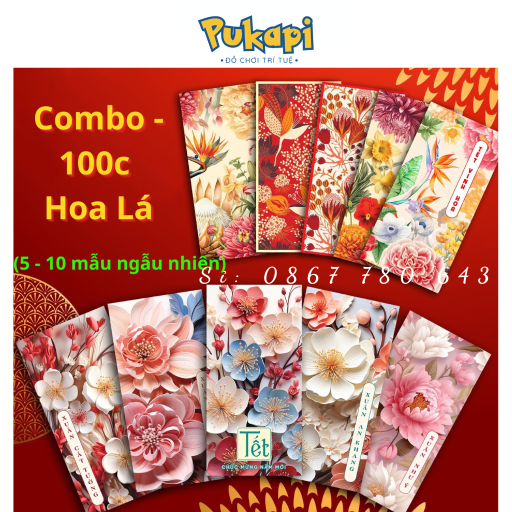 Combo 100 Bao Lì Xì Truyền Thống Giáp Thìn Mẫu Hoa Lá Siêu Đẹp PUKAPI