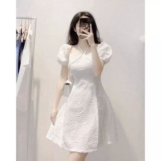 Đầm Cổ Yếm Chất Xốp In Hoa Nổi