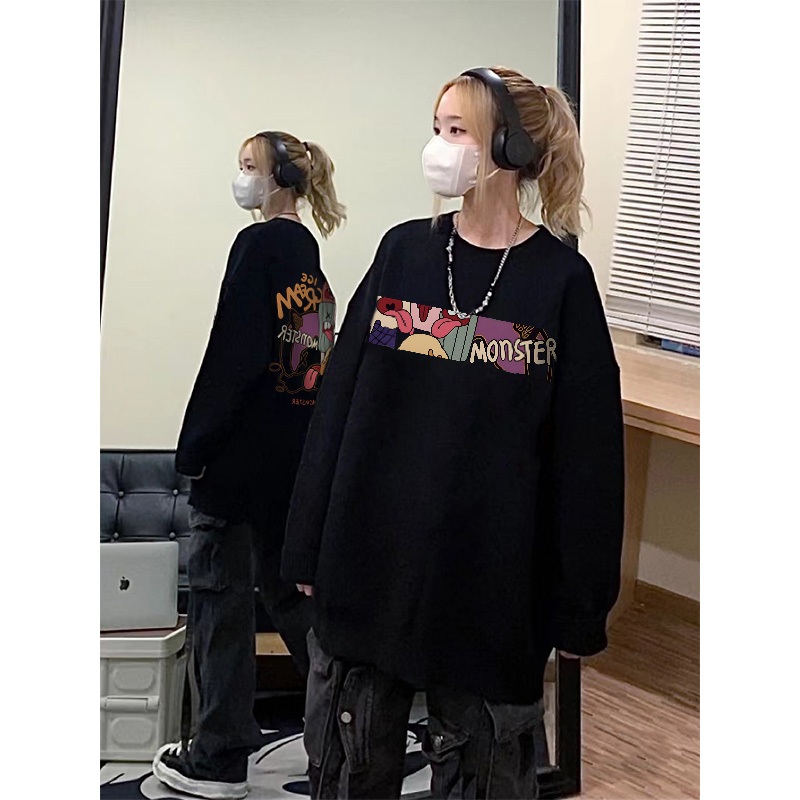 Áo nỉ nữ cổ tròn Đen thời trang local brand Salute Sweater Hàn Quốc cho vintage bản in vui vẻ Y0479