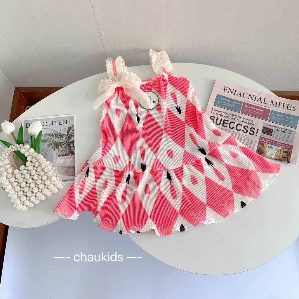Váy bé gái 2 dây chéo lưng dáng xòe cho bé từ 8-20kg