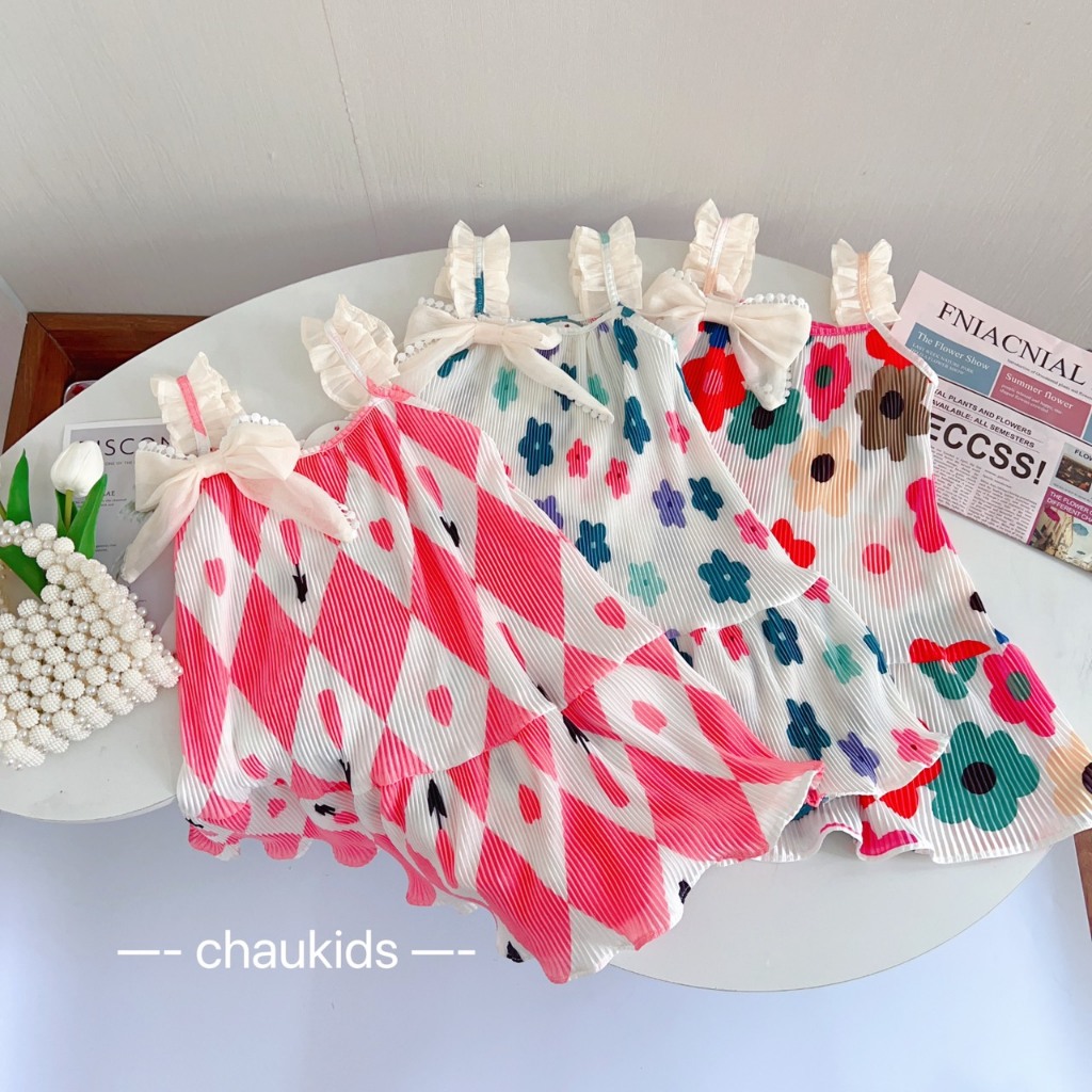 Váy bé gái 2 dây chéo lưng dáng xòe cho bé từ 8-20kg