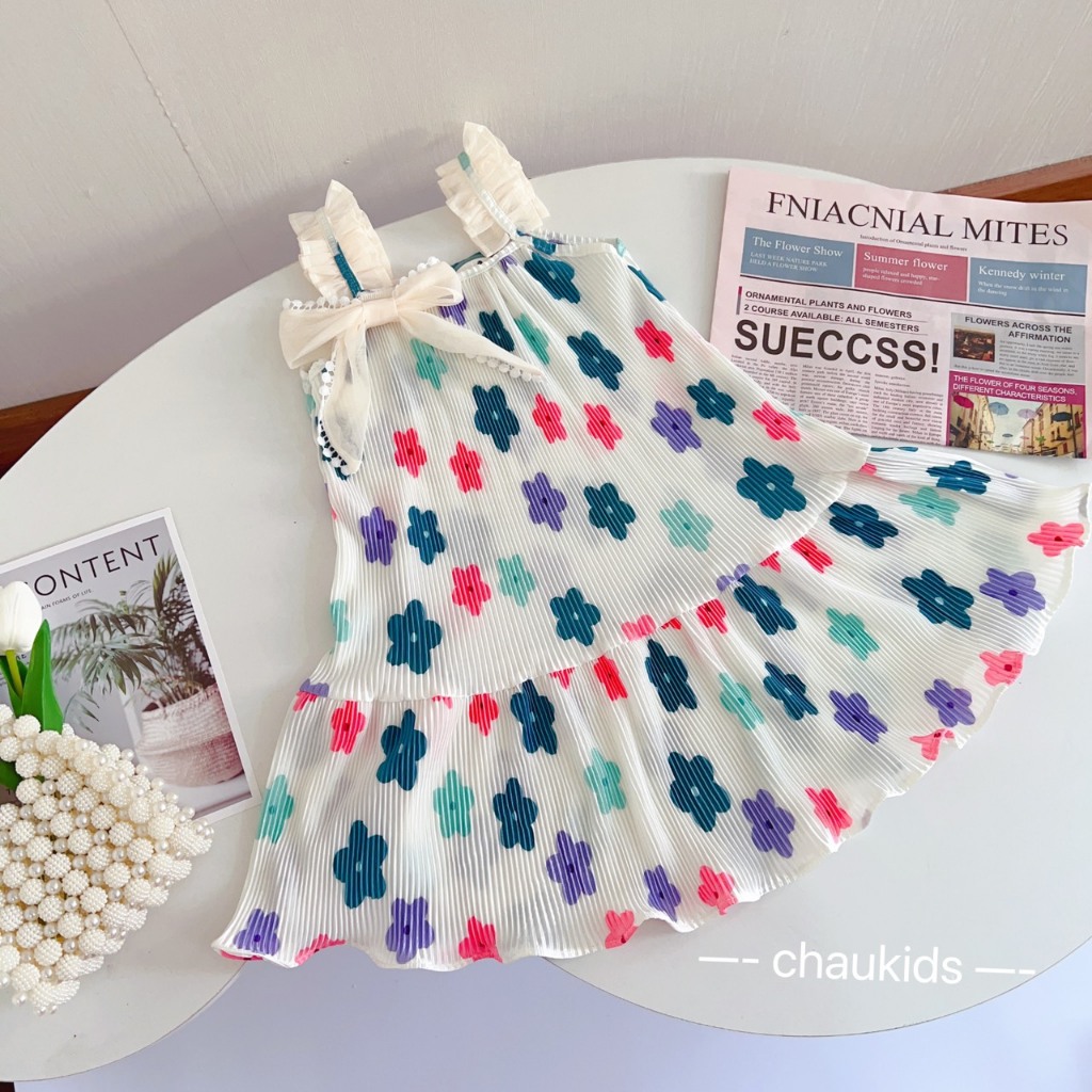 Váy bé gái 2 dây chéo lưng dáng xòe cho bé từ 8-20kg